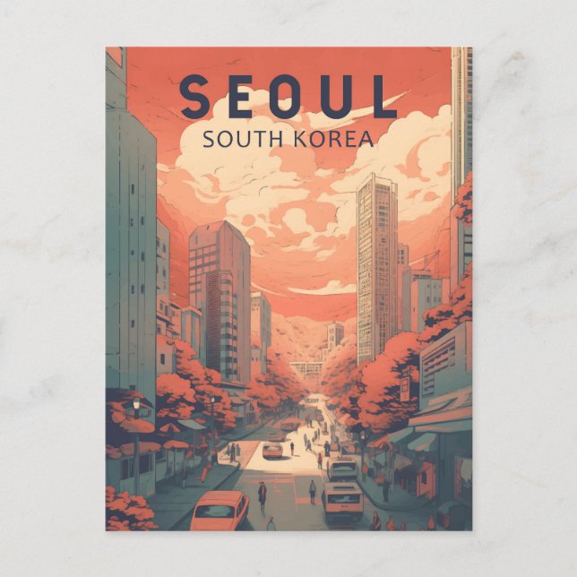 Cartão Postal Seul Coreia do Sul Ilustração Art Vintage (Frente)