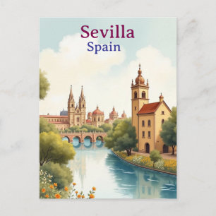Cartão Postal Sevilha Espanha Aquarela de Viagem Vintage