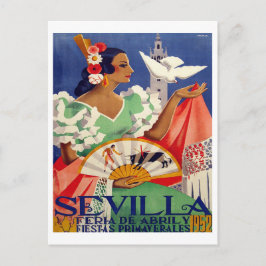 Cartão Postal Sevilha, Espanha, mulher com pombo branco, vintage