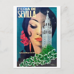 Cartão Postal Sevilha, torre da cidade e mulher cabeleira negra,