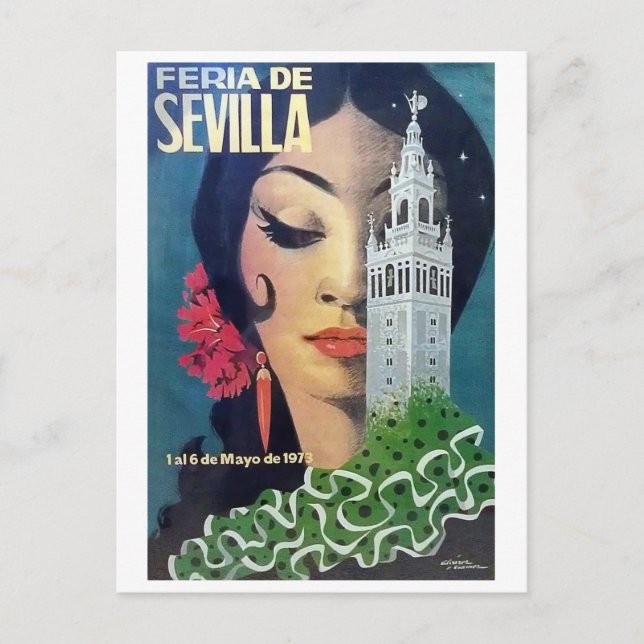 Cartão Postal Sevilha, torre da cidade e mulher cabeleira negra, (Frente)