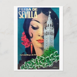 Cartão Postal Sevilha, torre da cidade e mulher de cabelo preto,