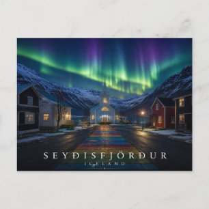 Cartão Postal Seyðisfjörður Igreja Azul Rua Arco-íris Aurora