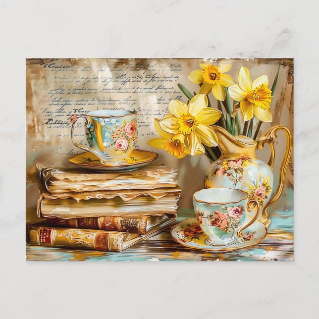 Cartão Postal Shabby chic Daffodils on a Stacked antique Books (Frente)