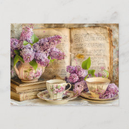 Cartão Postal Shabby chic Lilac Bunch in an Antique Coffee Pot