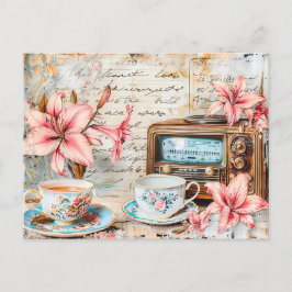 Cartão Postal Shabby chic Pink Lily with Antique Radio Receiver