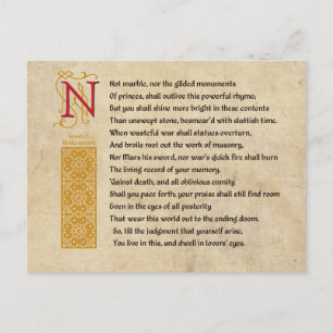 Cartão Postal Shakespeare Sonnet 55 (LV) em pergaminho
