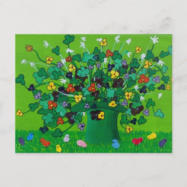 Cartão Postal Shamrock, Flores e Pintinhos para bebês (Frente)