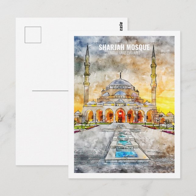 Cartão Postal Sharjah Mesquita UAE Famoso Desenho de Aquarela Vi (Frente/Verso)