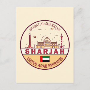 Cartão Postal Sharjah United Emirados Árabes Unidos Skyline Embl