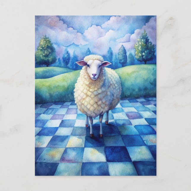 Cartão Postal Sheep Blue Checkered Checking on Friend (Frente)