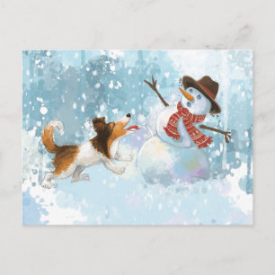 Cartão Postal Sheldon o Sheltie e o Boneco de Neve