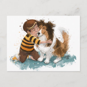 Cartão Postal Sheltie e cachorro abraçam menino