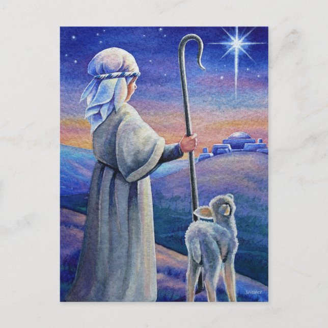 Cartão Postal Shepherd Boy Lamb & Star Natal Watercolor Art (Frente)