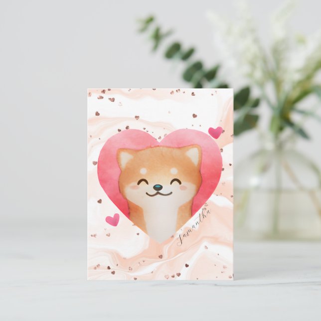 Cartão Postal Shiba Inu Bonita em Coração (Em pé/Frente)