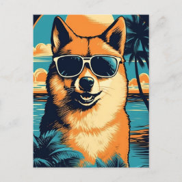 Cartão Postal Shiba Inu com óculos de sol na praia