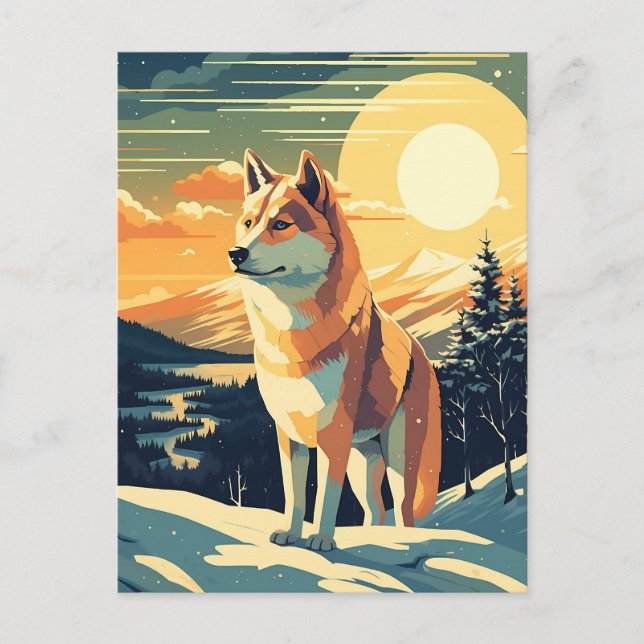 Cartão Postal Shiba Inu nas montanhas nevadas durante o pôr do s (Frente)