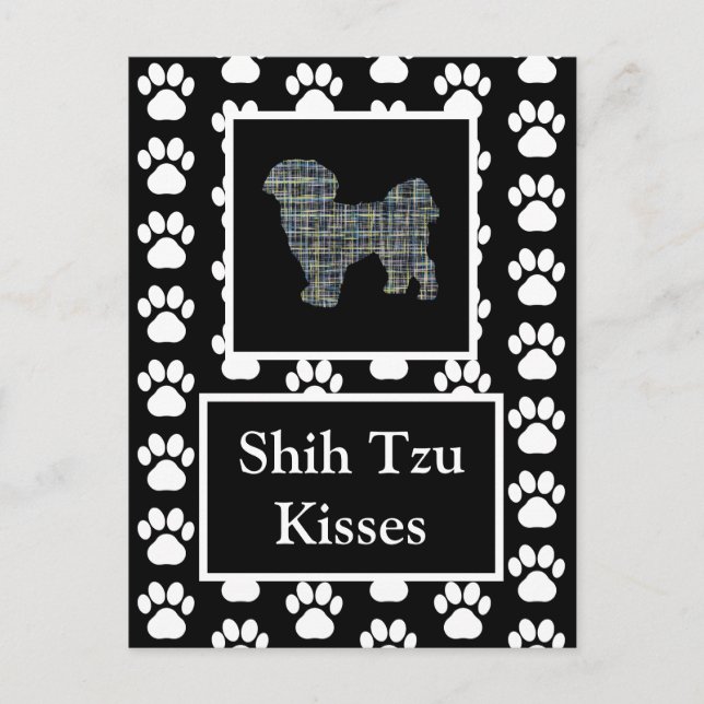 Cartão Postal Shih Tzu Kisses Silhouette Amarelo e Blue Grid (Frente)