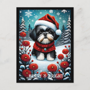 Cartão Postal Shih Tzu Snowy Flower Meadow Papais noeis Cão Nata