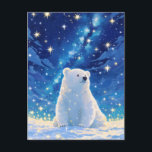 Cartão Postal Shimmering Milky Way Polar Bear Starry Sky<br><div class="desc">Transport your recipient to a magical arctic realm with this breathtaking celestial polar bear postcard. This digital masterpiece features a serene bear cub bathed in the ethereal glow of a vibrant Milky Way galaxy. The sky is a stunning gradient of deep indigo and electric cyan, swirling with nebula-like clouds and...</div>