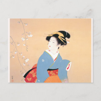Cartão Postal Shoen Uemura 上村松園 桜 春 着物 女性 舞妓 芸者 日本画 美人画 浮世絵 青