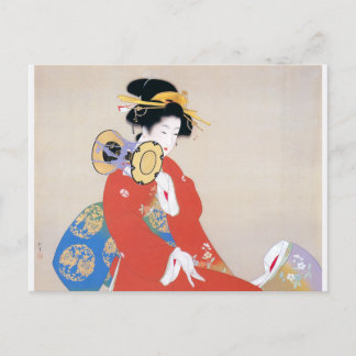 Cartão Postal Shoen Uemura 上村松園 着物 女性 太鼓 楽器演奏 芸者 日本画 美人画 浮世絵 赤 青