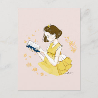 Cartão Postal Short Bob Girl Reading Illustration
