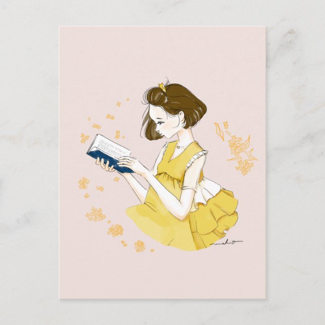 Cartão Postal Short Bob Girl Reading Illustration (Frente)