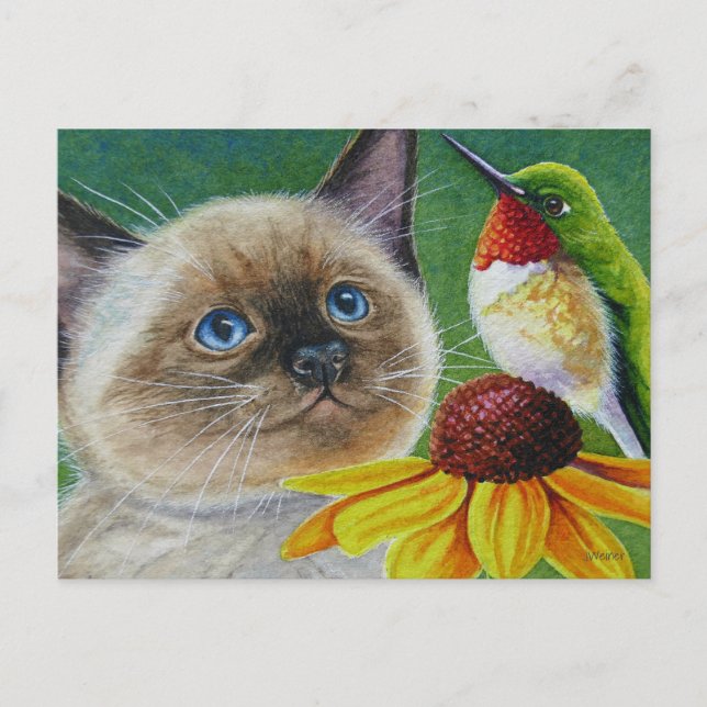 Cartão Postal Siamese Kitten & Hummingbird Watercolor Art (Frente)