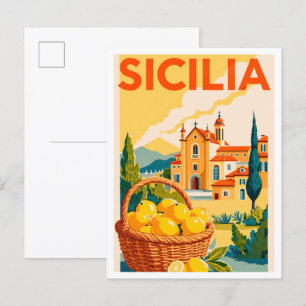 Cartão Postal Sicilia Itália Art Vintage Illustration Viagem