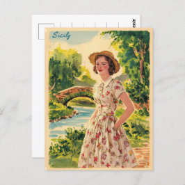 Cartão Postal Sicília vintage senhora italiana no 50