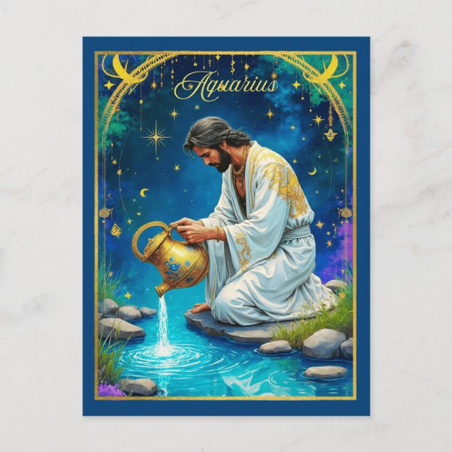 Cartão Postal Signo Zodiacal de Aquário sob um Céu Estrelado (Frente)
