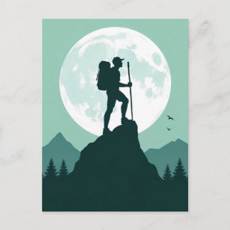 Cartão Postal Silhouette Hiker on Peak with Moon and Mountains