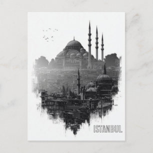 Cartão Postal Silhueta da Cidade de Istambul em Preto e Branco