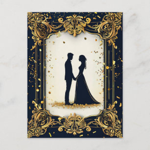 Cartão Postal Silhueta de Casamento Elegante com Frame de Ouro d