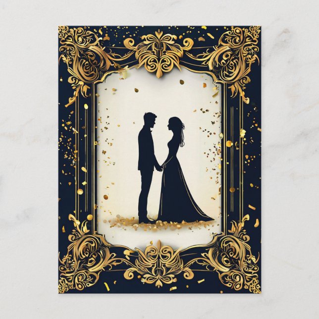 Cartão Postal Silhueta de Casamento Elegante com Frame de Ouro d (Frente)