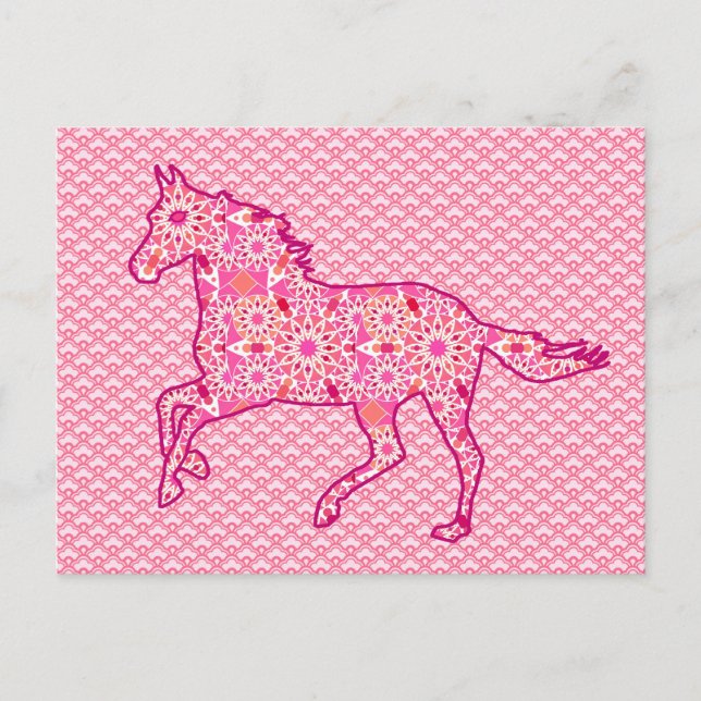 Cartão Postal Silhueta de Cavalo Corrente, Fuchsia e Coral Rosa (Frente)