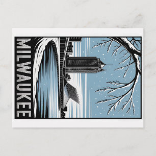 Cartão Postal Silhueta de Milwaukee Preto e Branco Xilogravura I