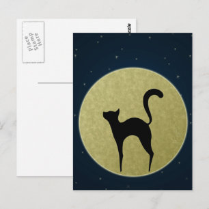 Cartão Postal Silhueta elegante de gato preto e lua