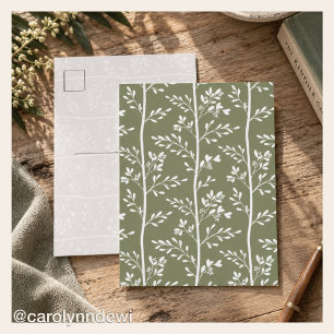 Cartão Postal Silhueta Floral Botânica Verde Oliva Minimalista