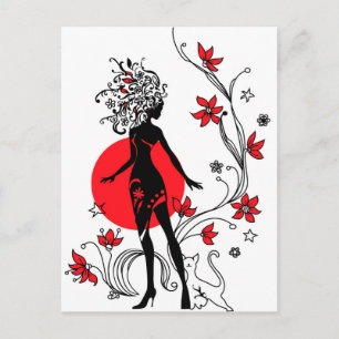 Cartão Postal Silhueta gráfica de uma mulher sobre fundo floral