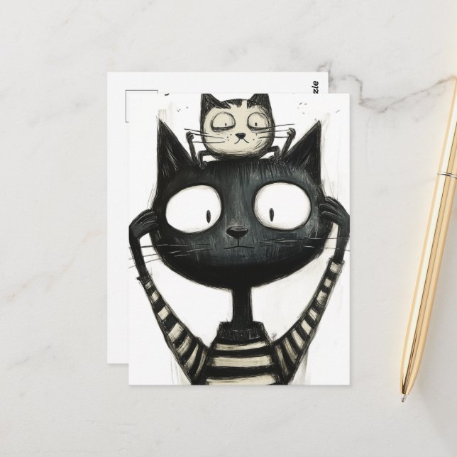 Cartão Postal Silly Adorable Cats Black and White Drawing (Frente/Verso In Situ)