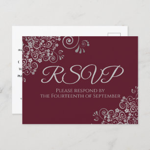 Cartão Postal Silver Frills Elegant Burgundy Casamento RSVP