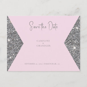 Cartão Postal Silver Glitter Image Pink Casamento Guarde a Data