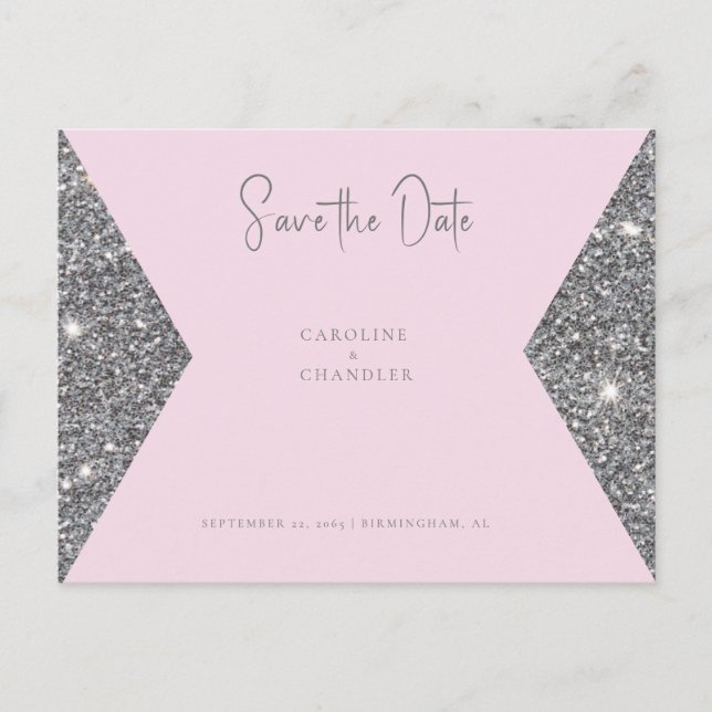 Cartão Postal Silver Glitter Image Pink Casamento Guarde a Data (Frente)