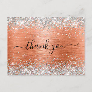 Cartão Postal Silver Glitter Orange Coral Foto Obrigado