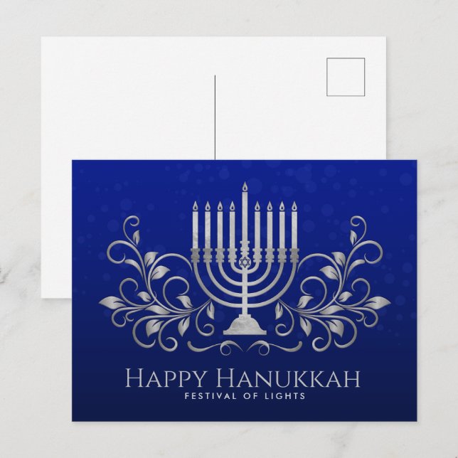 Cartão Postal Silver Menorah Swirl Ornament Happy Hanukkah (Frente/Verso)