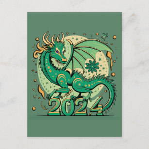 Cartão Postal Símbolo 2024 Ano Novo, Dragão de Madeira Verde