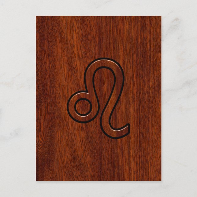 Cartão Postal Símbolo Leo Zodiac no estilo madeira Mahogany (Frente)