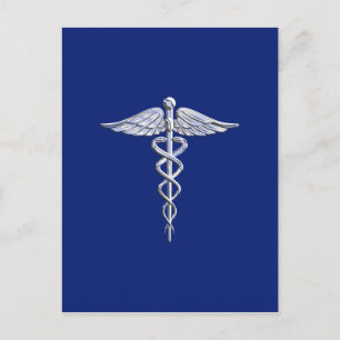 Cartão Postal Símbolo Médico de Silver Caduceus no Decor Azul Ma